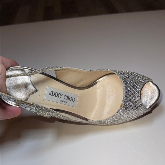 Jimmy Choo Glitter Fabric Champagne Peep Toe Sling Back Heel Size 37 Authentic - Picture 11 of 16